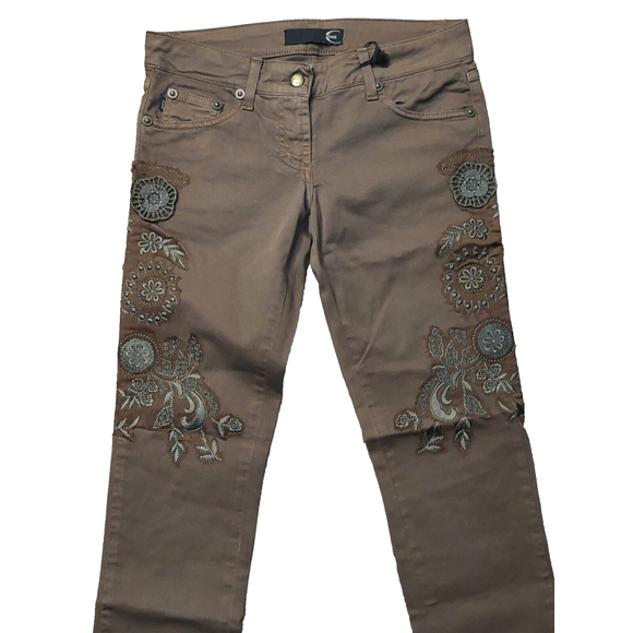 Just Cavalli Black Diamond Floral Brown Denim Slim Cropped Jeans Sz 26 NWT - Picture 6 of 16